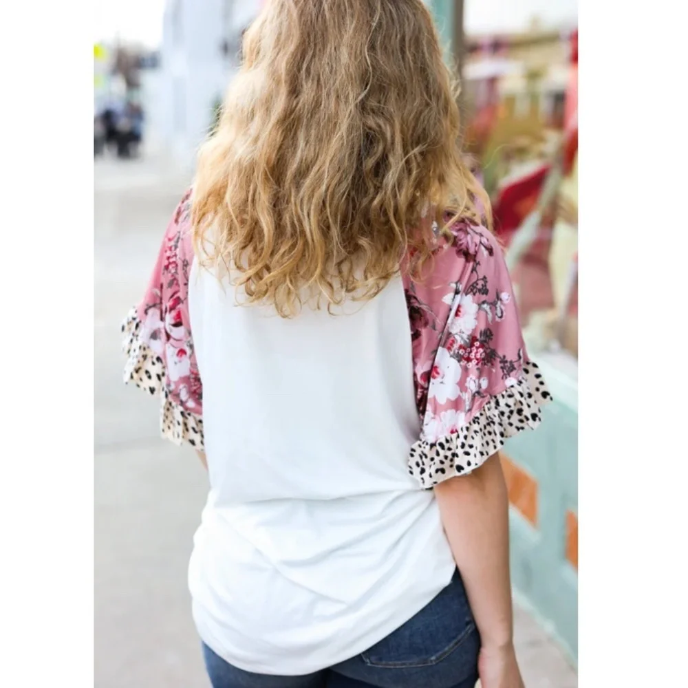 Floral and Leopard Sleeve Women's Top